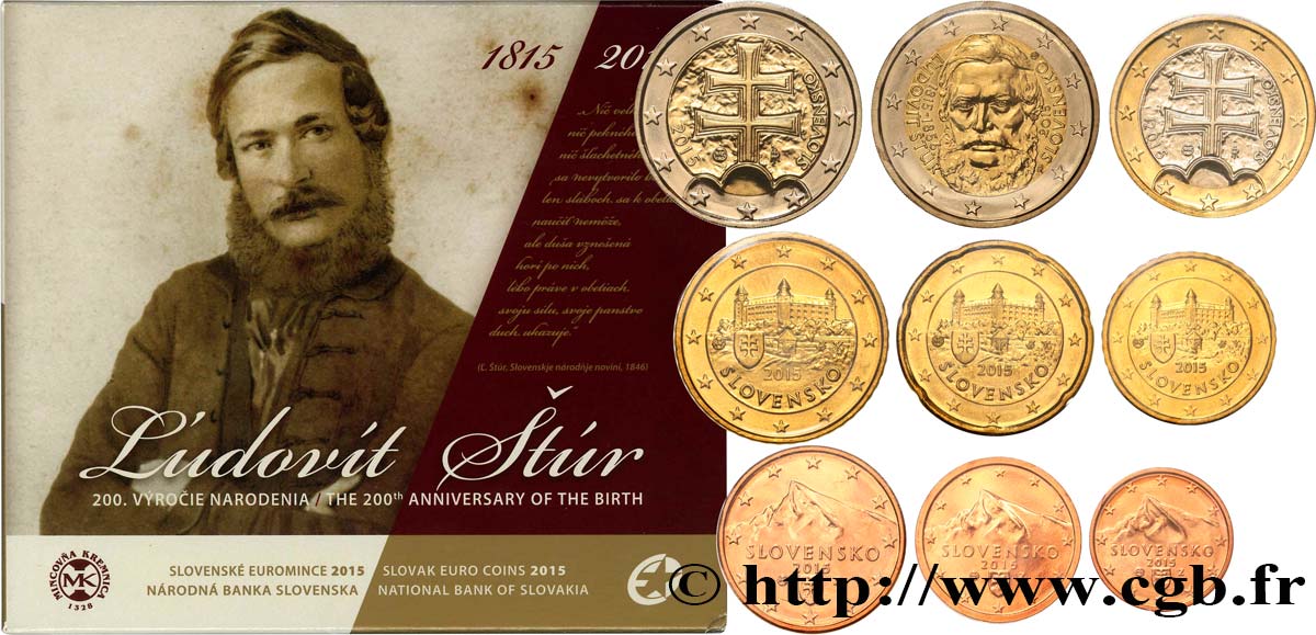 SLOVACCHIA SÉRIE Euro BRILLANT UNIVERSEL - LUDOVIT ŠTUR (9 pièces) 2015 BU