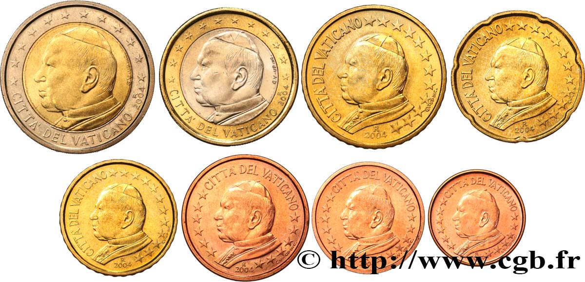 VATICAN LOT DE 8 PIÈCES EURO (1 Cent - 2 Euro Jean-Paul II) 2004 MS