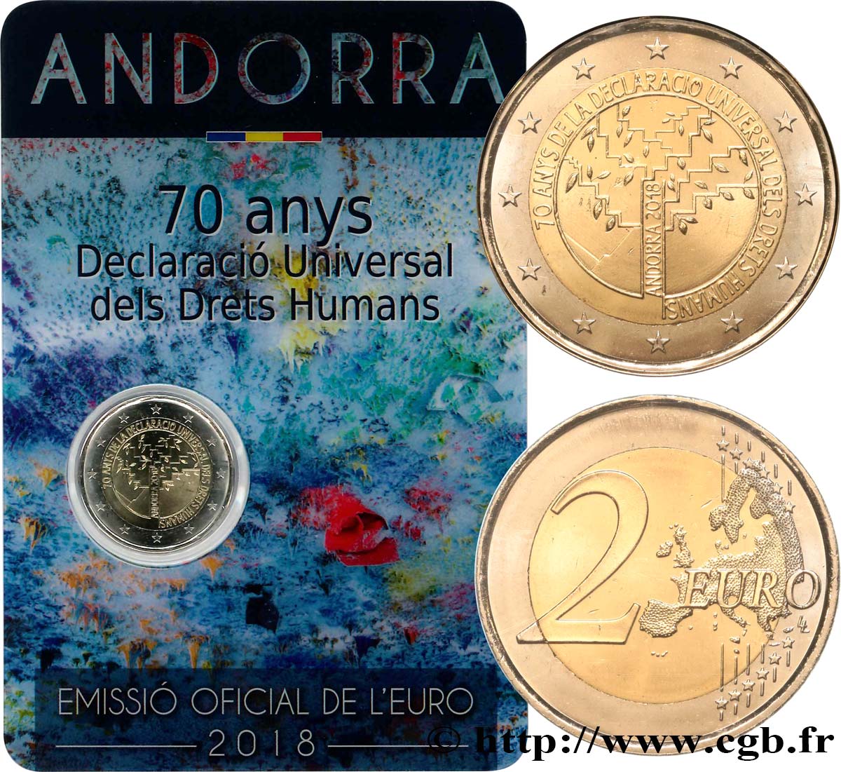 ANDORRA (PRINCIPALITY) Coin-card 2 Euro 70 ANS DE LA DÉCLARATION UNIVERSEL DES DROITS DE L’HOMME 2018 Brilliant Uncirculated