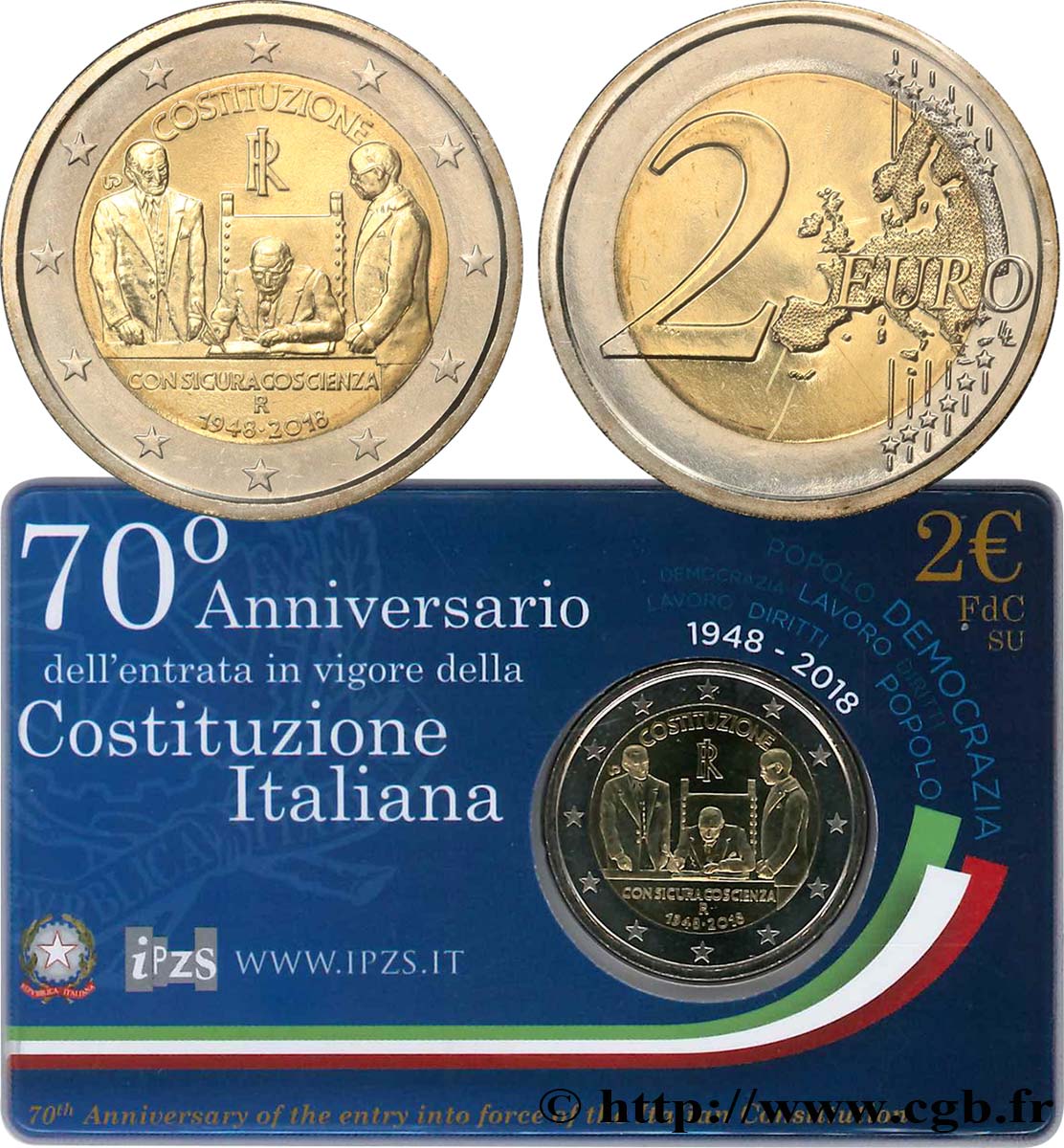 ITALY Coin-Card 2 Euro 70 ANS DE LA CONSTITUTION ITALIENNE 2018 Brilliant Uncirculated