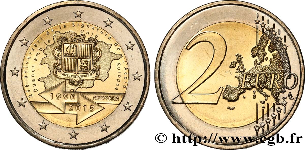 ANDORRA (PRINCIPALITY) 2 Euro 25e ANNIVERSAIRE DE LA SIGNATURE DE L ACCORD DOUANIER AVEC L UNION EUROPÉENNE  2015 MS