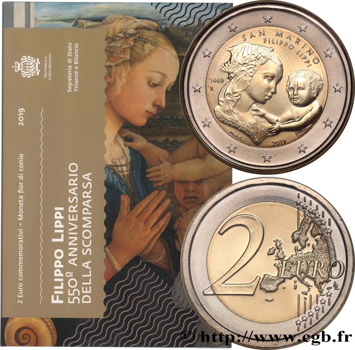 SAN MARINO Blister BU 2 Euro FILIPPO LIPPI 2019 Brilliant Uncirculated