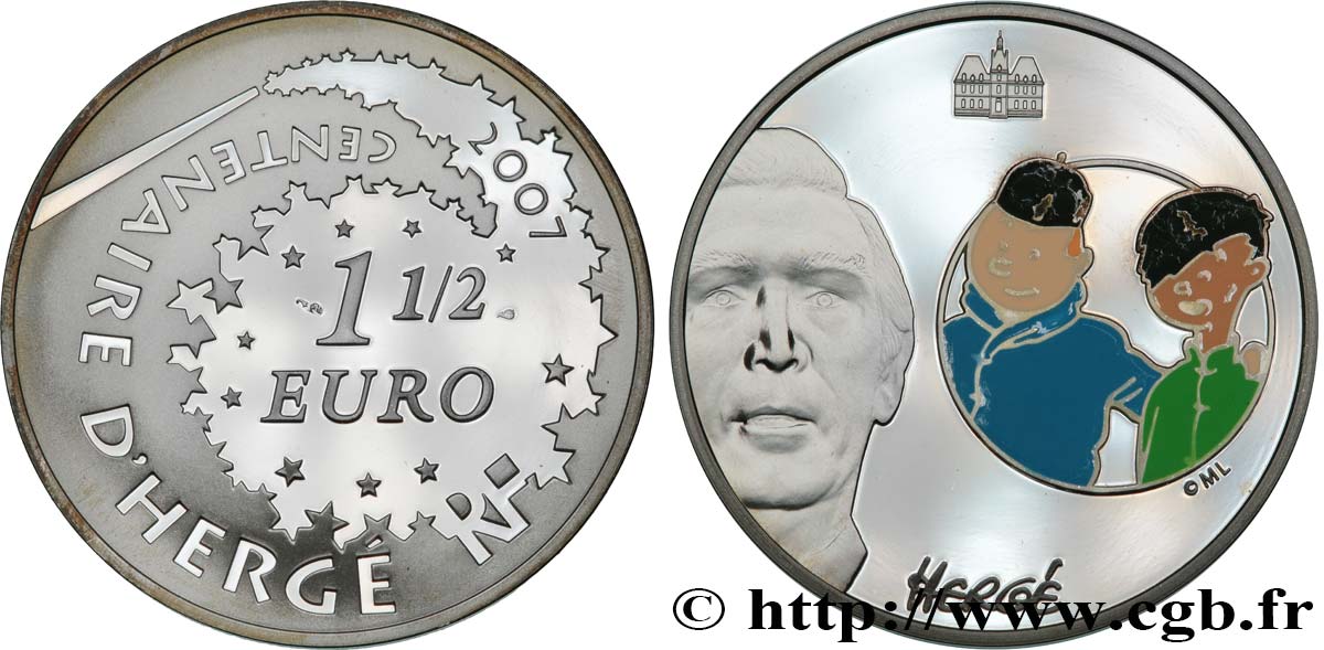 FRANCE Belle Épreuve 1 Euro 1/2 TINTIN ET TCHANG 2007 Brilliant Uncirculated