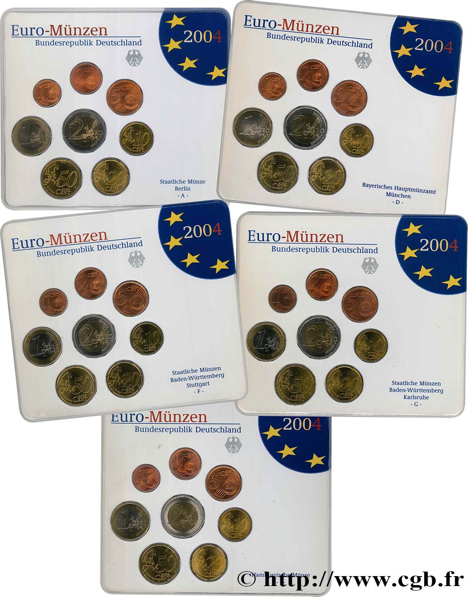 ALLEMAGNE Lot 5 ateliers COFFRETS Euro BRILLANT UNIVERSEL (A, D, F, G, J) 2004 BU