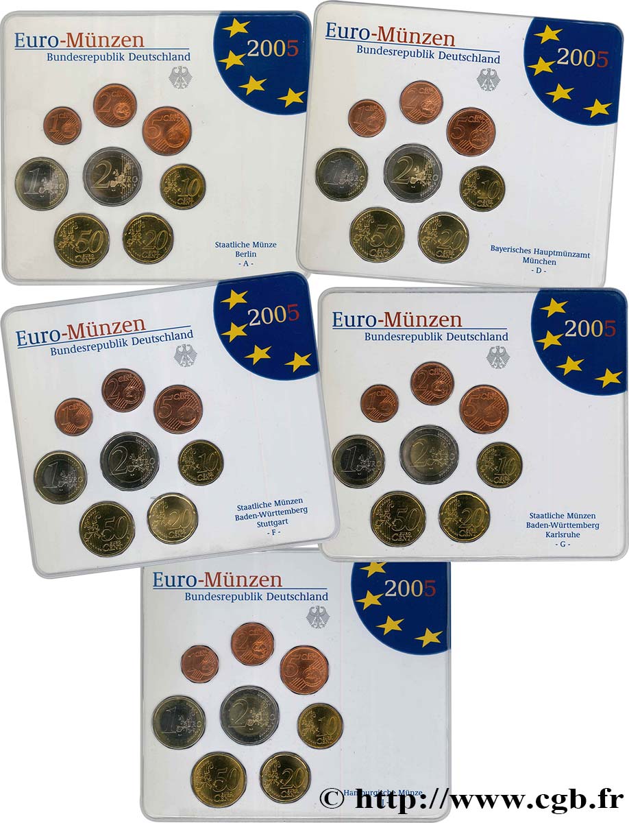 ALEMANIA Lot 5 ateliers COFFRETS Euro BRILLANT UNIVERSEL (A, D, F, G, J) 2005 BU