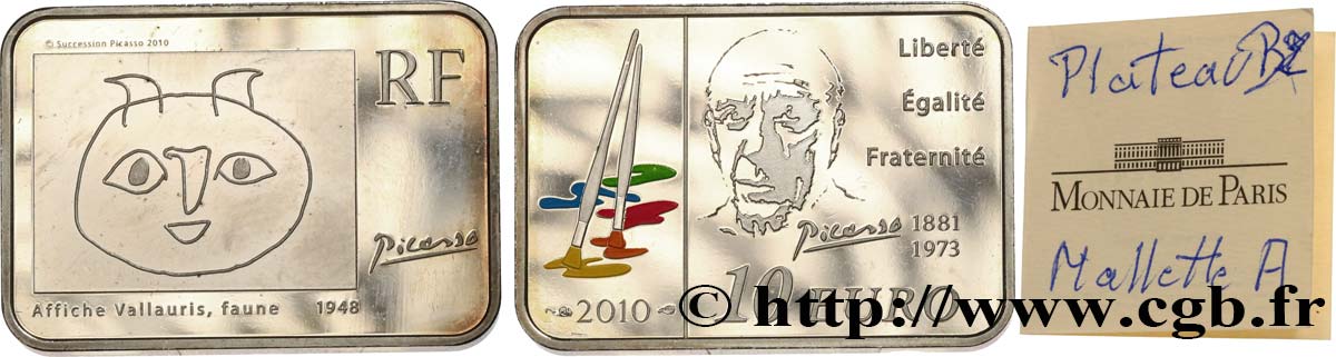 FRANKREICH Belle Épreuve 10 Euro PABLO PICASSO (rectangle 30 x 21 mm) 2010