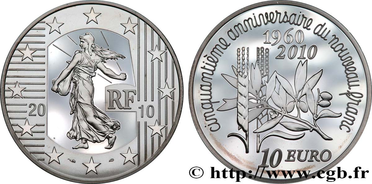 FRANCE Belle Épreuve 10 Euro LA SEMEUSE - CINQUANTIÈME ANNIVERSAIRE DU NOUVEAU FRANC 2010 Proof set