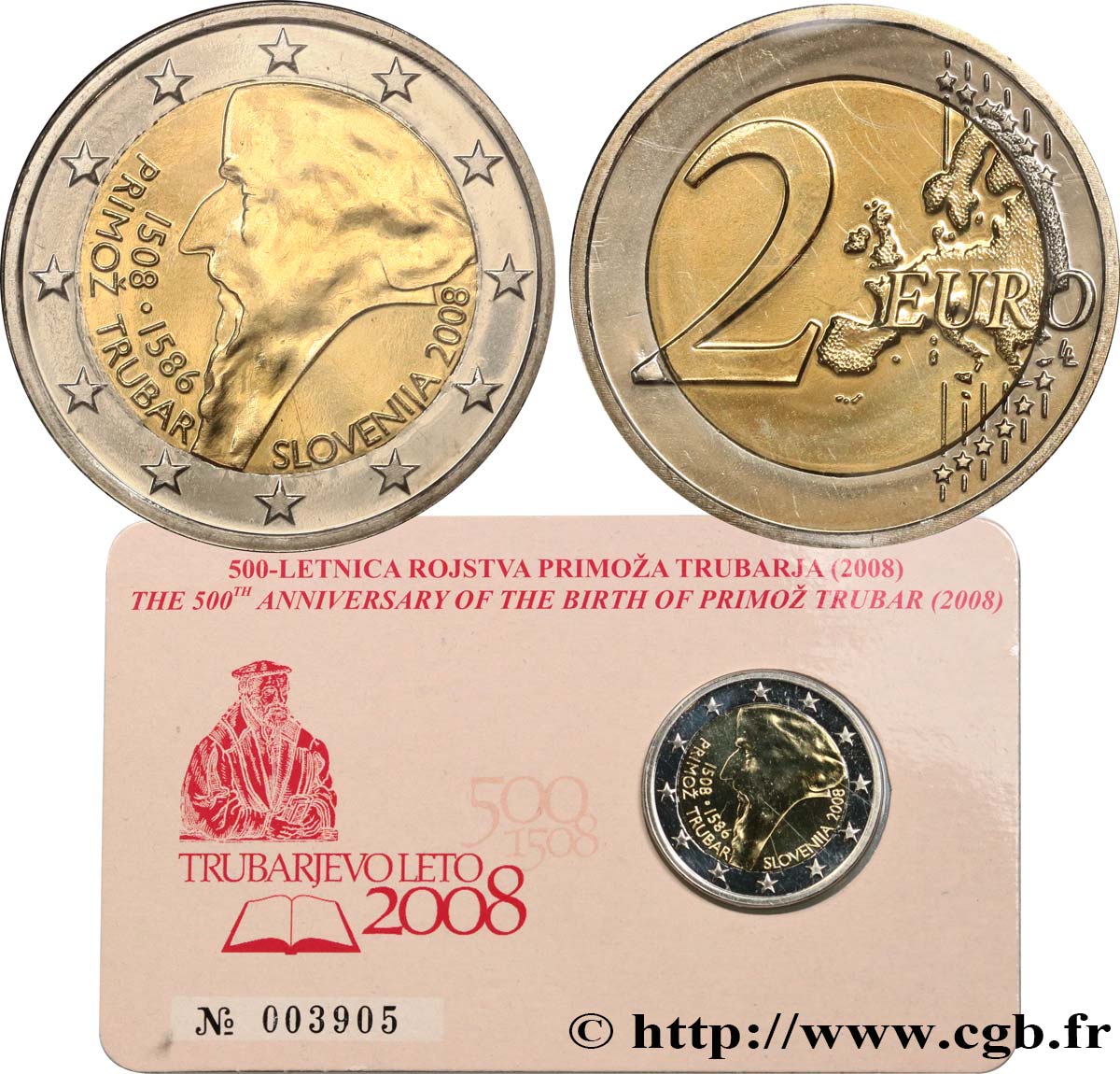 ESLOVENIA Coin-Card 2 Euro 500ème ANNIVERSAIRE DE LA NAISSANCE DE PRIMOŽ TRUBAR  2008 BU