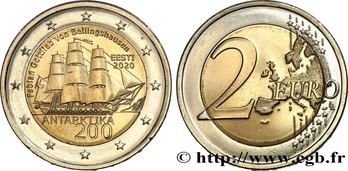 ESTONIA 2 Euro 200 ANS DÉCOUVERTE DE L’ANTARCTIQUE 2020 SC