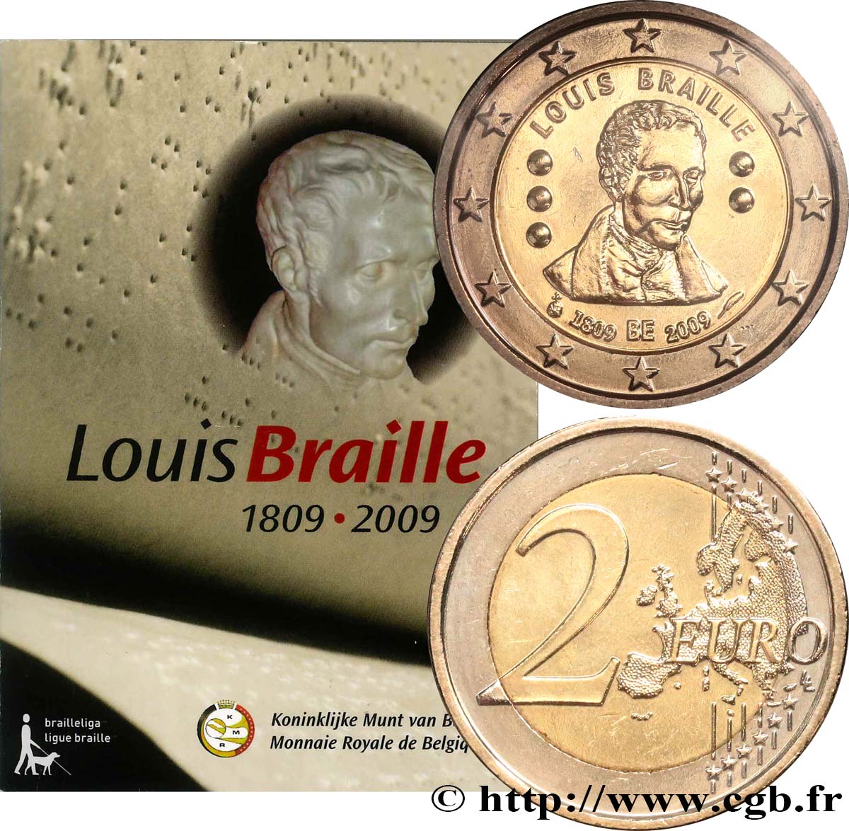BELGIUM COINCARD 2 Euro BICENTENAIRE DE LA NAISSANCE DE LOUIS BRAILLE