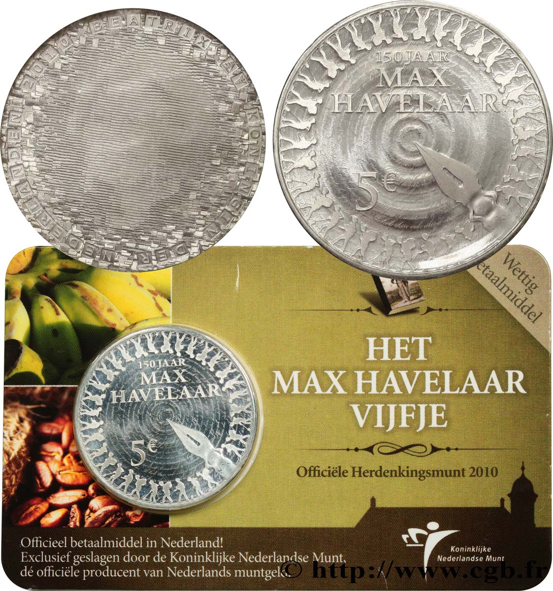 NETHERLANDS COIN-CARD 5 Euro 150e ANNIVERSAIRE MAX HAVELAAR 2010 MS