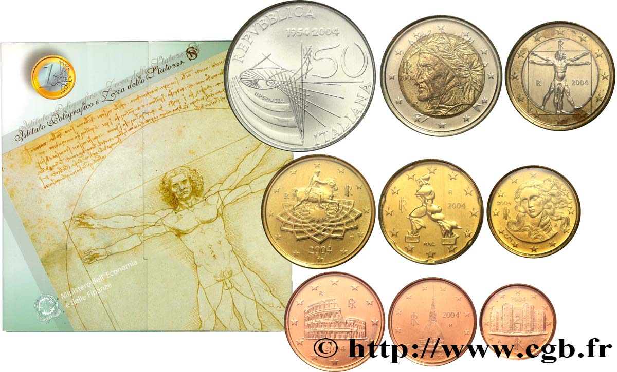 ITALY SÉRIE Euro BRILLANT UNIVERSEL (9 pièces) 2004 Brilliant Uncirculated
