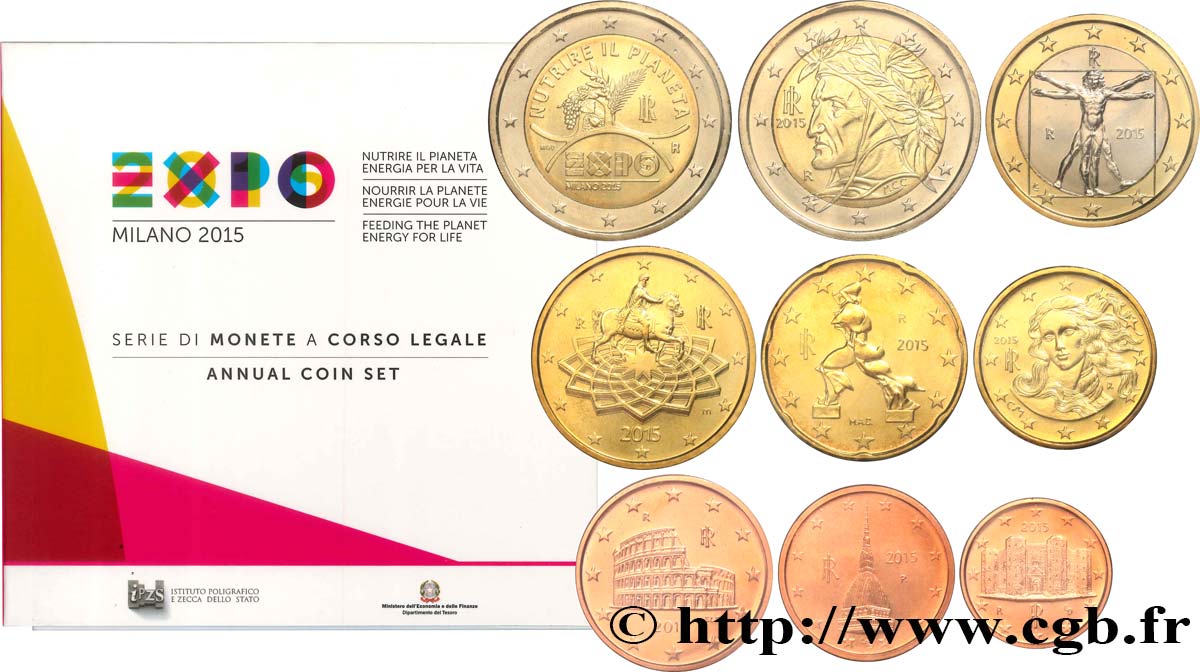 ITALY SÉRIE Euro BRILLANT UNIVERSEL (9 pièces)  2015 Brilliant Uncirculated