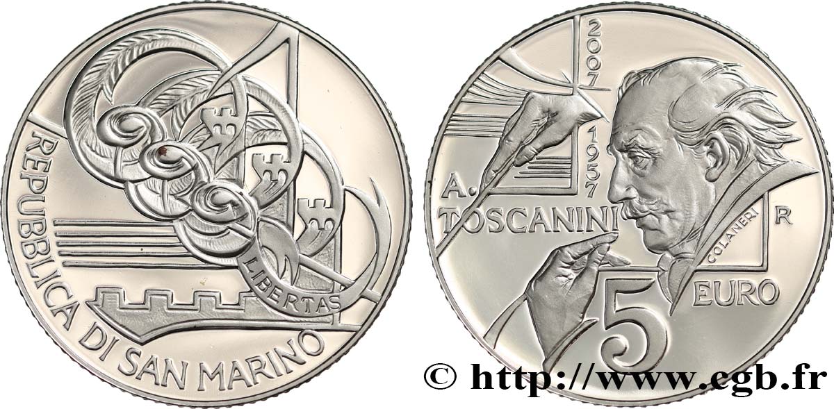 SAN MARINO Belle Épreuve 5 Euro 50e ANNIVERSAIRE DE LA MORT DE ARTURO TOSCANINI 2007