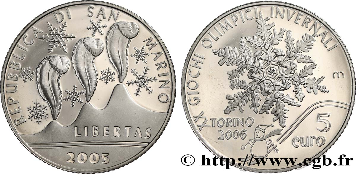 SAN MARINO Belle Épreuve 5 Euro TURIN 2006 2005 Prueba