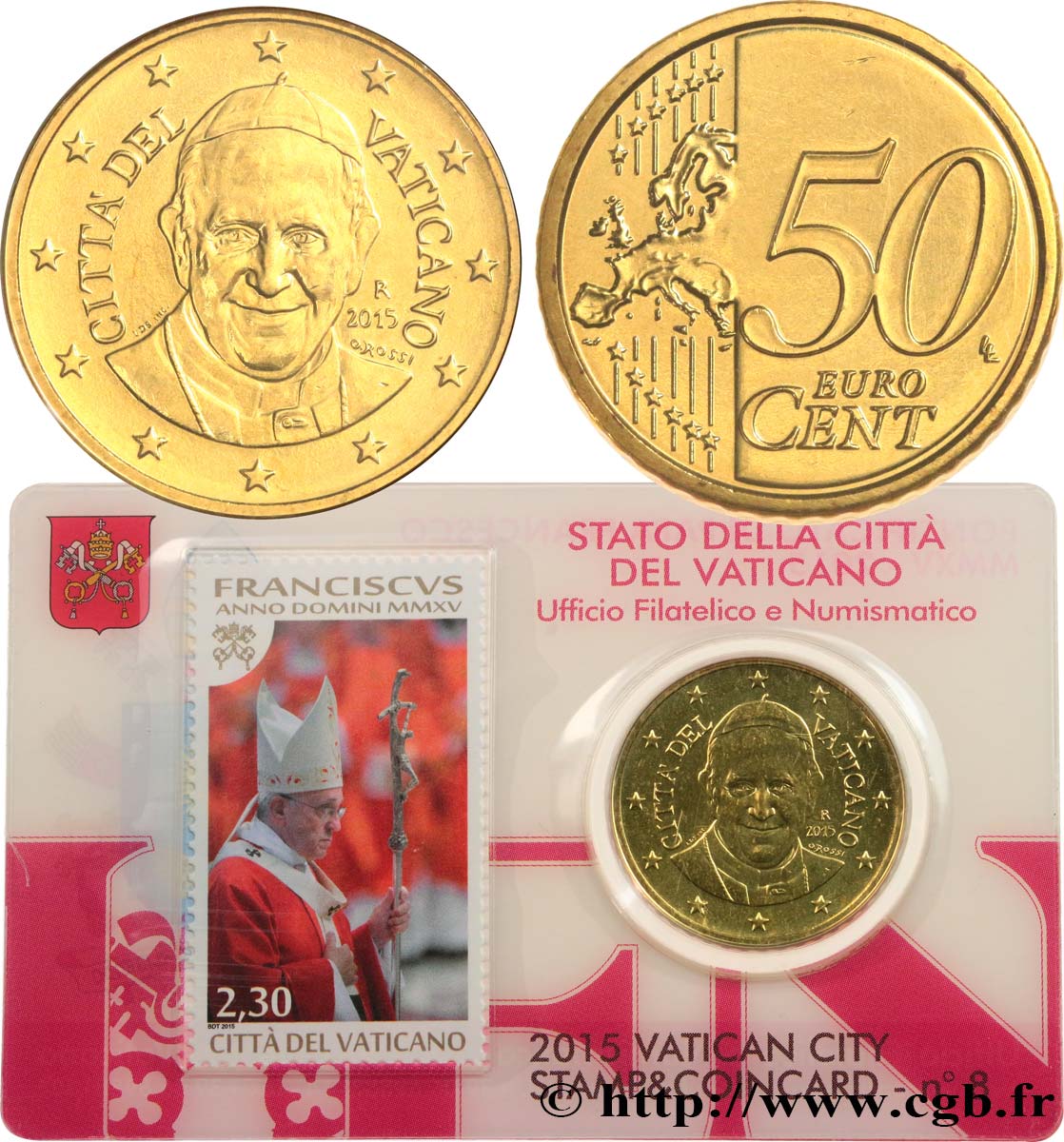 VATICAN Coin-Card (n°8) 50 Cent PAPE FRANÇOIS (+ timbre)
 2015 BU