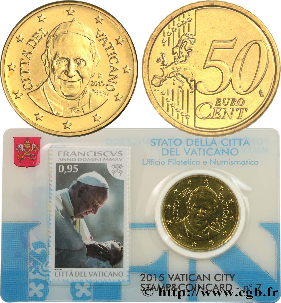 VATICAN Coin-Card (n°7) 50 Cent PAPE FRANÇOIS (+ timbre)
 2015 Brilliant Uncirculated