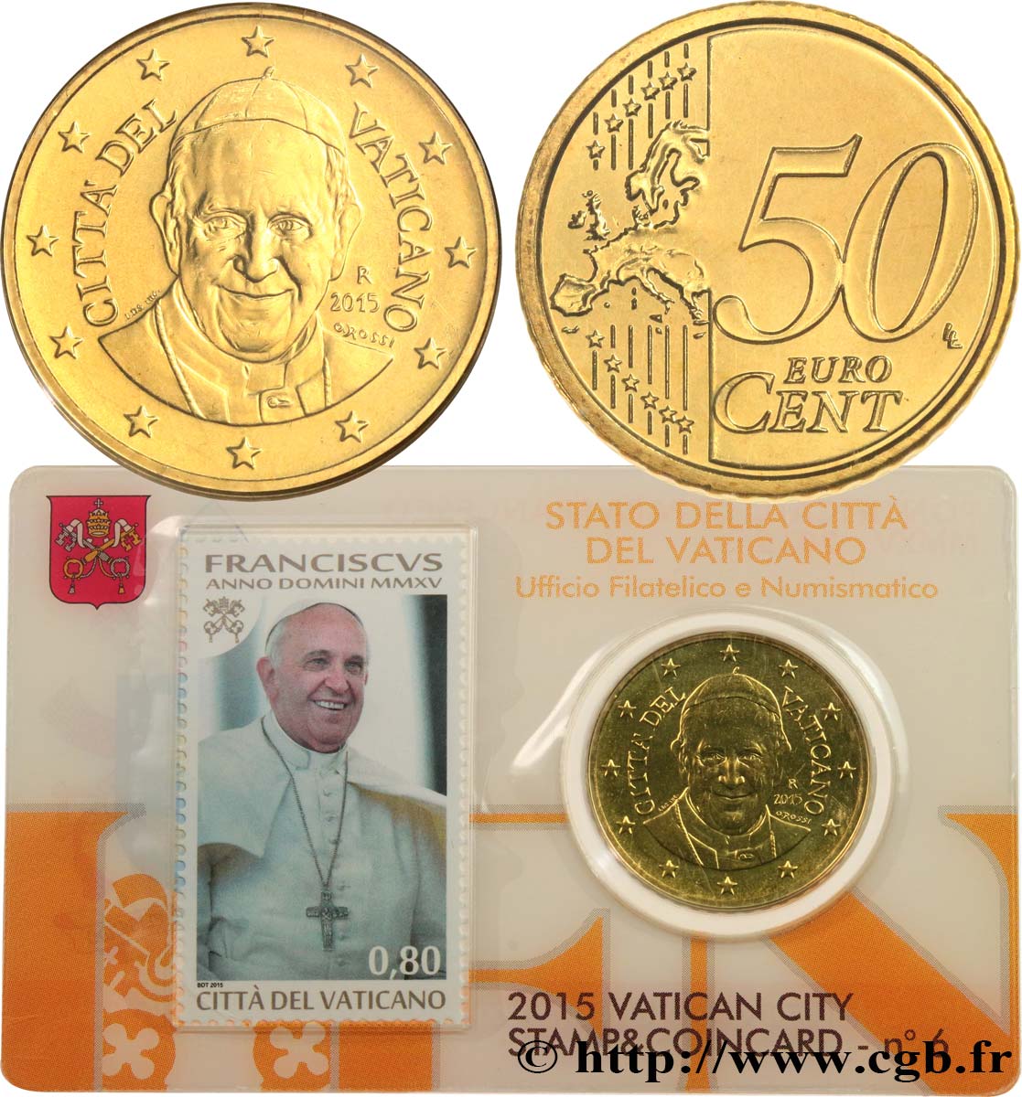 VATICAN Coin-Card (n°6) 50 Cent PAPE FRANÇOIS (+ timbre)
 2015 BU