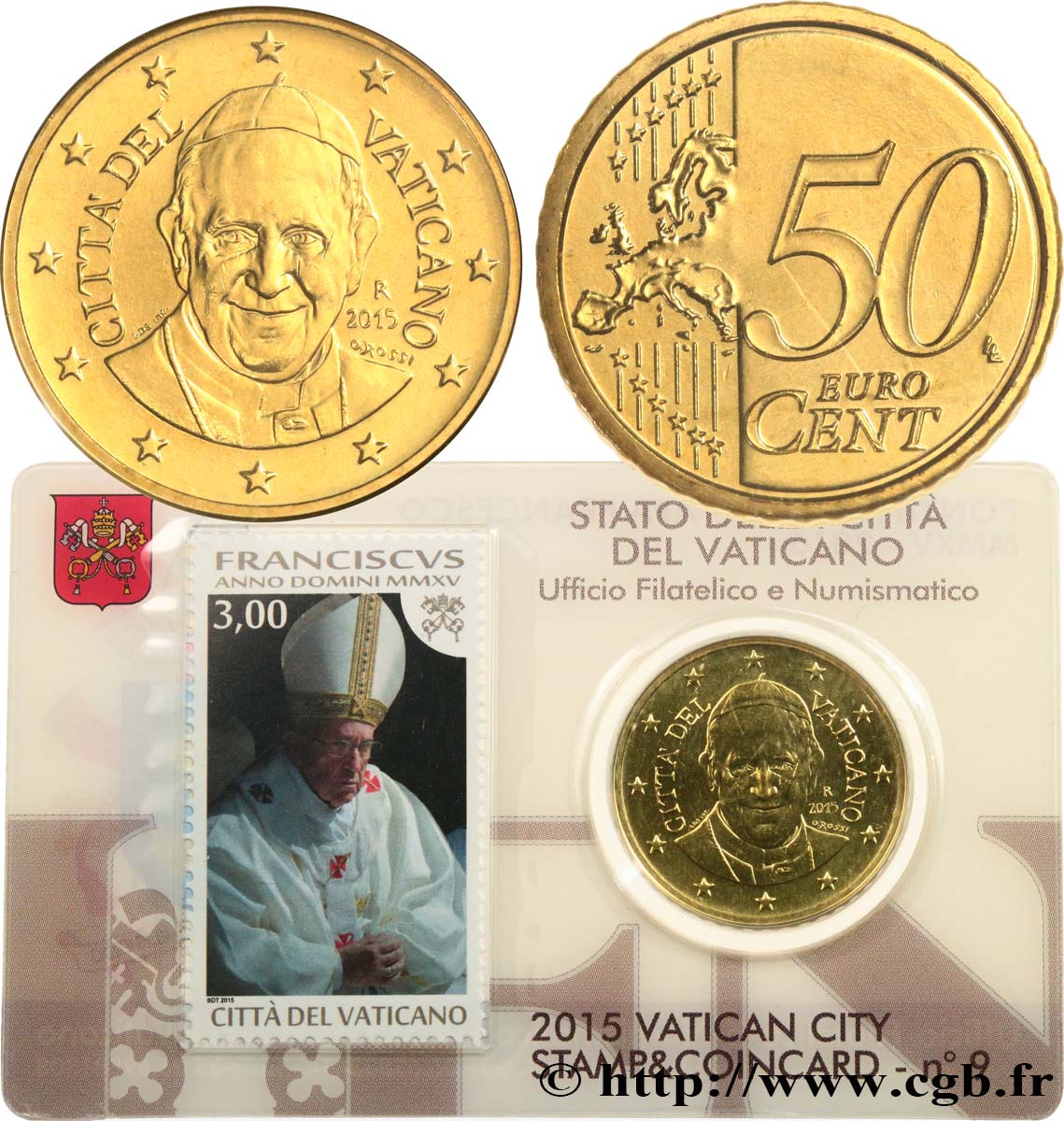 VATICAN Coin-Card (n°9) 50 Cent PAPE FRANÇOIS (+ timbre)
 2015 Brilliant Uncirculated