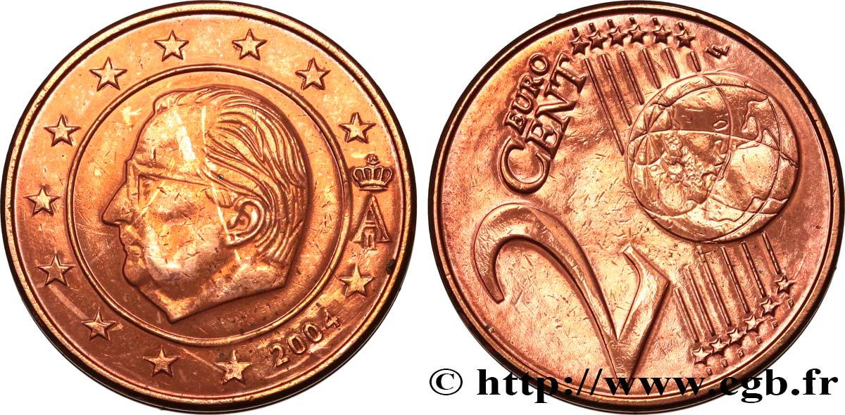 BELGIUM 2 centime d’euro, désaxée à 10 heures 2004 AU
