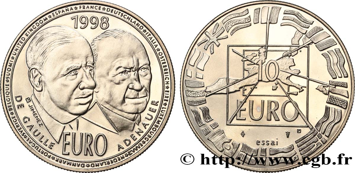 FRANCIA “Essai” 10 Euro De Gaulle / Adenauer en argent 1998 EBC
