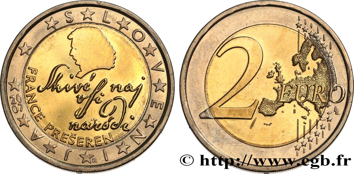 SLOVÉNIE 2 Euro FRANCE PREŠEREN  2007 SPL