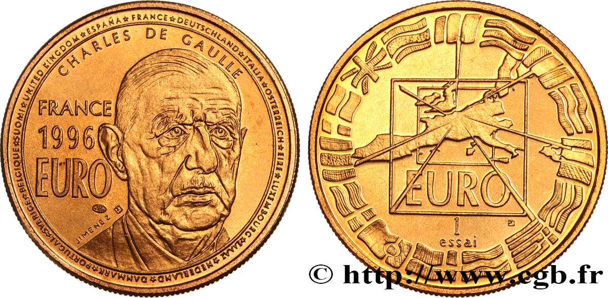 FRANCE “Essai” 1 Euro De Gaulle en bronze florentin 1996 SUP