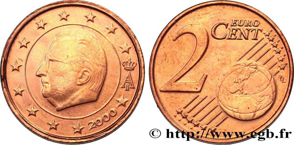 BELGIUM 2 Cent ALBERT II, coin cassé sur le listel 2000 AU