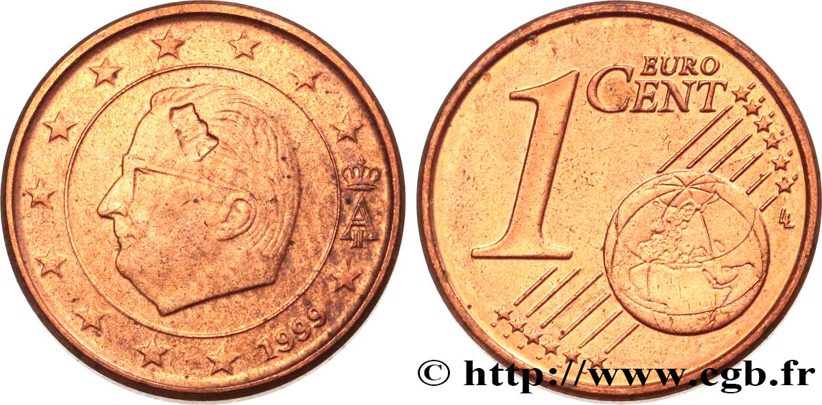 BELGIUM 1 Cent ALBERT II, manque de métal 1999 AU