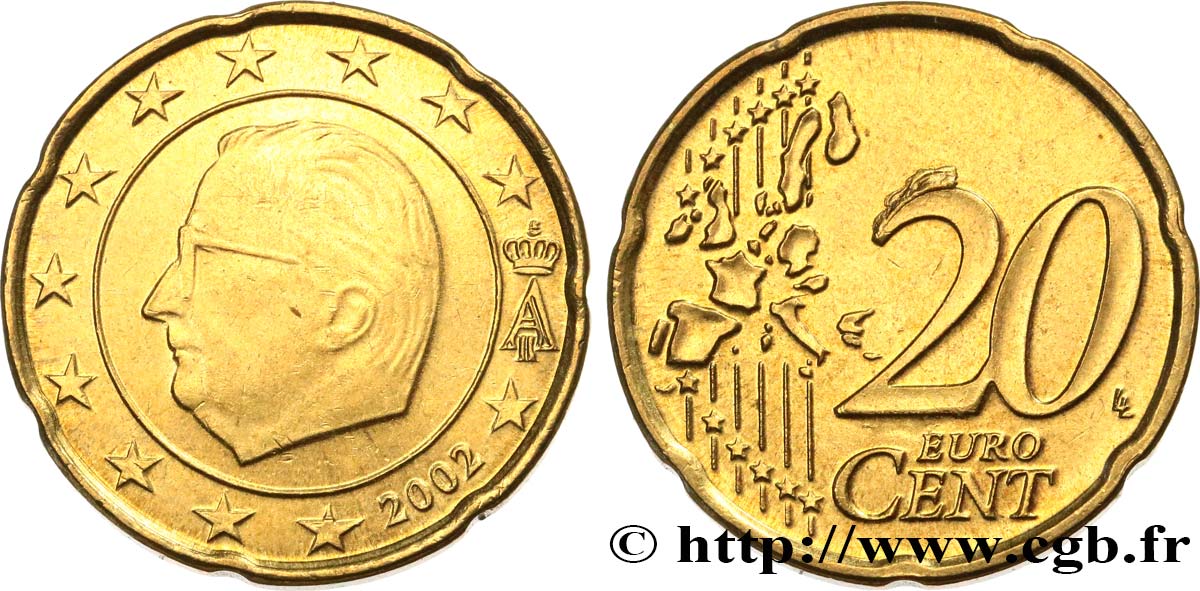 BELGIQUE 20 Cent ALBERT II, coin cassé 2002 SUP
