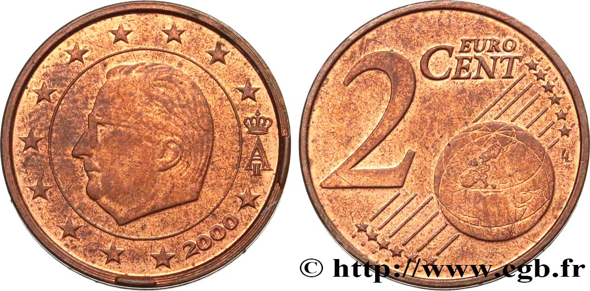 BELGIUM 2 Cent ALBERT II, coin cassé sur le listel 2000 AU