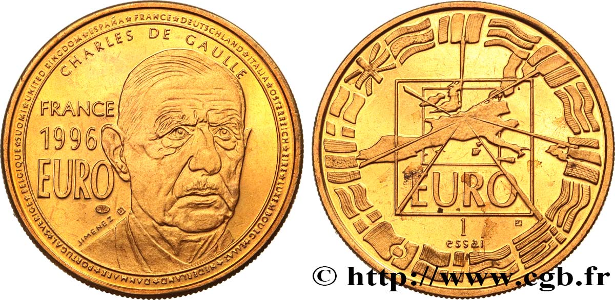 FRANCIA “Essai” 1 Euro De Gaulle en bronze florentin 1996 FDC