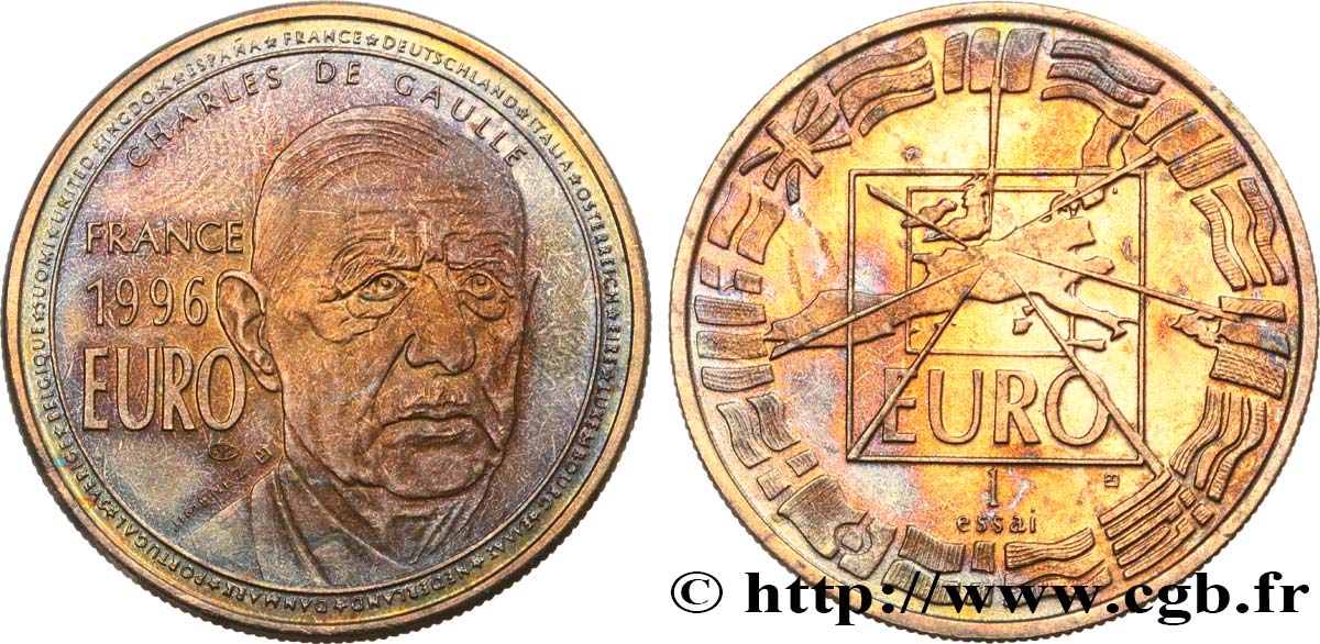 FRANCE “Essai” 1 Euro De Gaulle en bronze florentin 1996 SUP