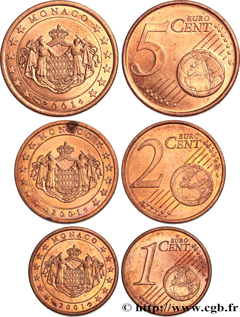 MONACO LOT 1 Cent, 2 Cent, 5 Cent ARMOIRIES 2001 EBC