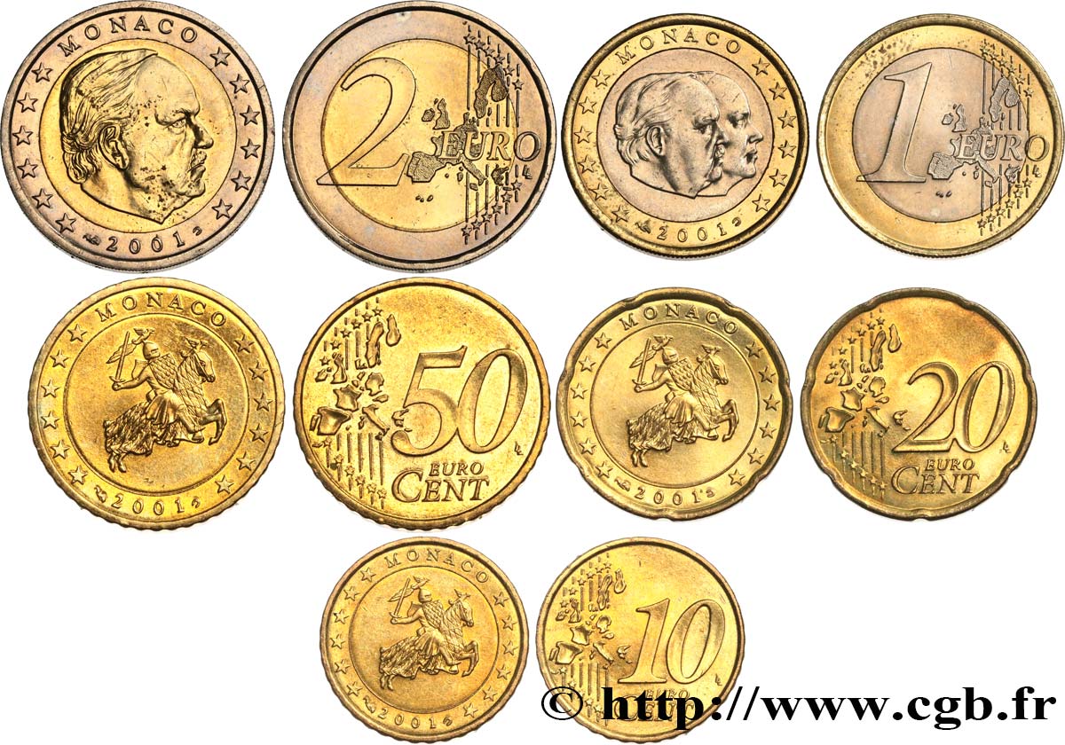 MONACO LOT DE 5 PIÈCES EURO (10 Cent à 2 Euro Prince Rainier III) 2001