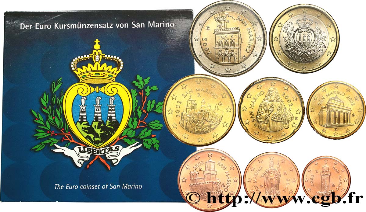 RÉPUBLIQUE DE SAINT- MARIN LOT DE 8 PIÈCES EURO (1 Cent - 2 Euro Domus Magna) 2002 SPL