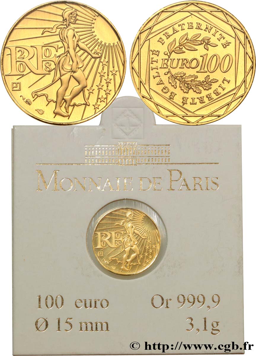 FRANCE 100 Euro LA SEMEUSE (or) 2008 Brilliant Uncirculated