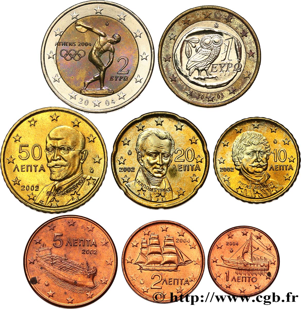 GREECE LOT DE 8 PIÈCES EURO (1 Cent - 2 Euro) 2002/2003/2004 n.d. AU