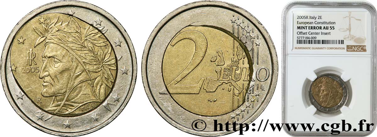 ITALIE 2 Euro Dante, insert déformé 2005 SUP