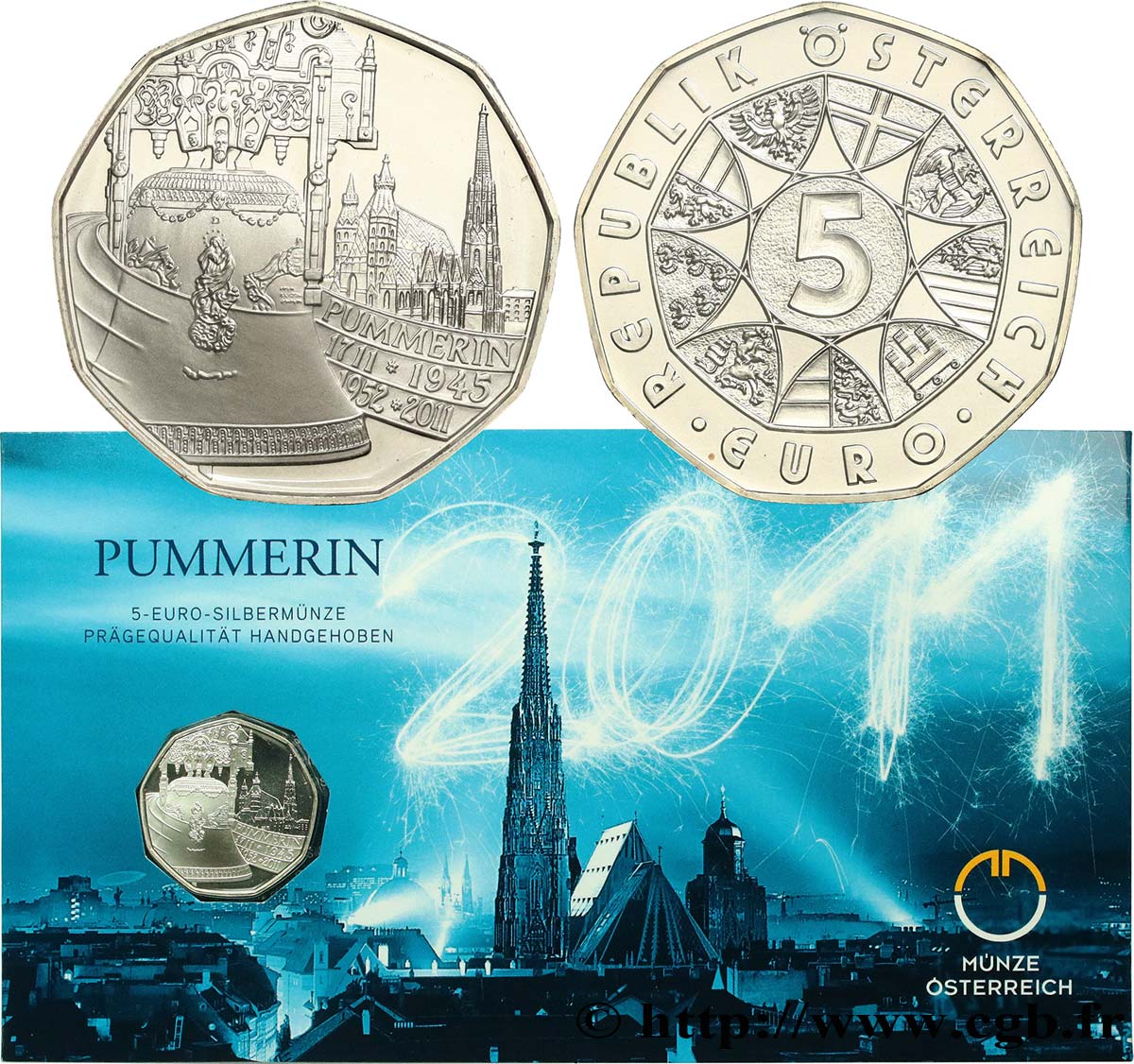 AUTRICHE Blister 5 Euro CLOCHE PUMMERIN 2011 BU