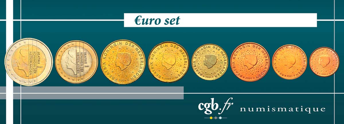 PAYS-BAS LOT DE 8 PIÈCES EURO (1 Cent - 2 Euro Beatrix) 2001 SUP
