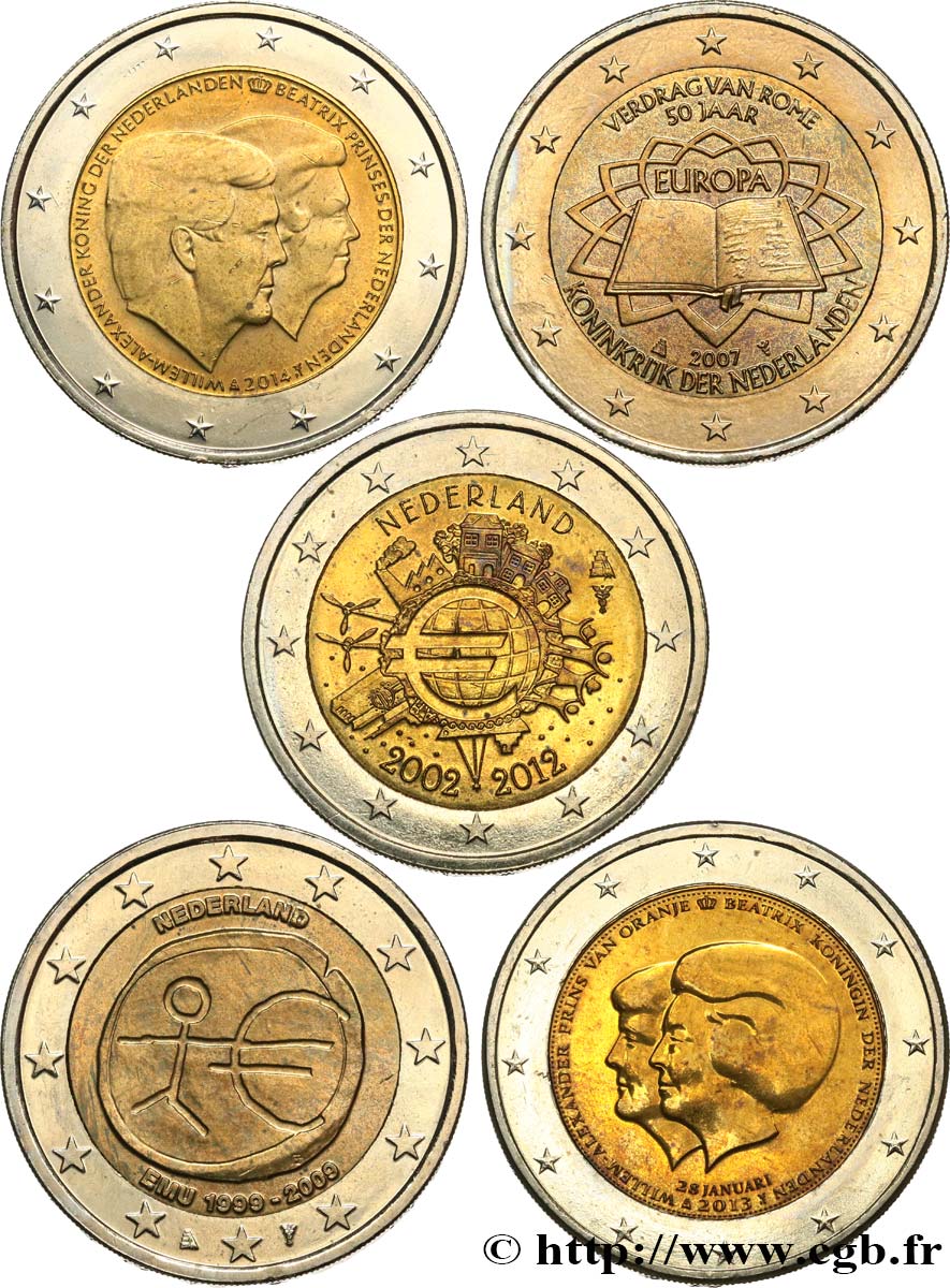 NETHERLANDS LOT DE 5 PIÈCES DE 2 EUROS 2007-2014 XF