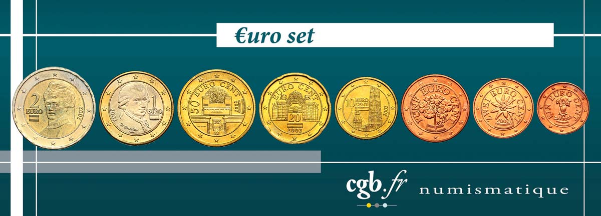 AUSTRIA LOT DE 8 PIÈCES EURO (1 Cent - 2 Euro Von Suttner) 2002 SC