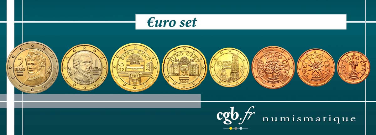AUSTRIA LOT DE 8 PIÈCES EURO (1 Cent - 2 Euro Von Suttner) 2004 MS