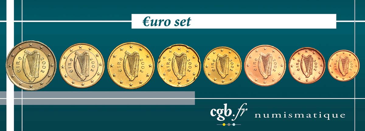 IRELAND REPUBLIC LOT DE 8 PIÈCES EURO (1 Cent - 2 Euro Harpe) 2002 MS