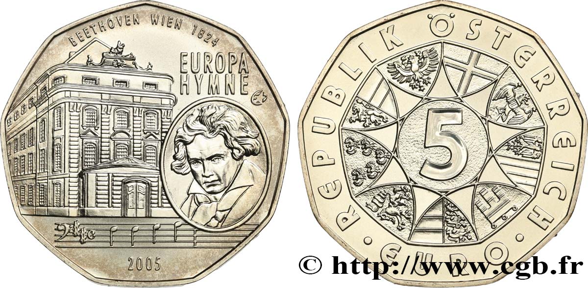 AUSTRIA 5 Euro HYMNE EUROPÉEN-LUDWIG VAN BEETHOVEN 2005 SC
