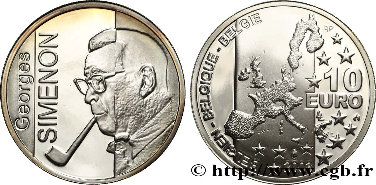 BÉLGICA 10 Euro CENTENAIRE DE LA NAISSANCE DE GEORGES SIMENON 2003 Prueba