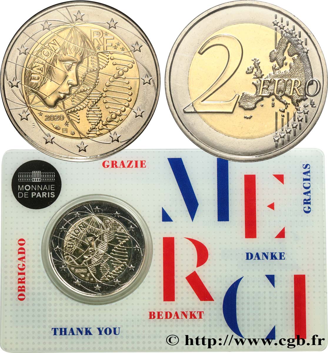 FRANCIA Coin-Card 2 Euro RECHERCHE MÉDICALE - version MERCI 2020 BU