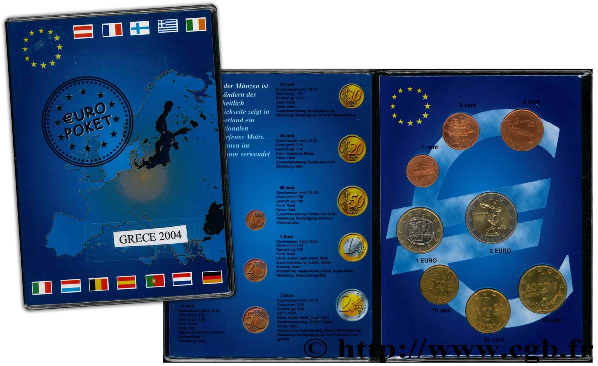 GRÈCE LOT DE 8 PIÈCES EURO (1 Cent - 2 Euro Jeux Olympiques d’Athènes) 2004 SPL