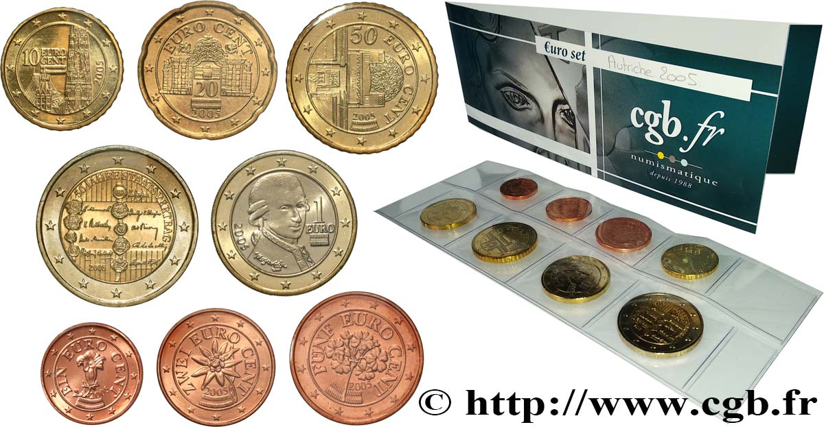 AUTRICHE LOT DE 8 PIÈCES EURO (1 Cent - 2 Euro Cinquantenaire du Traité d’Etat) 2005 SPL